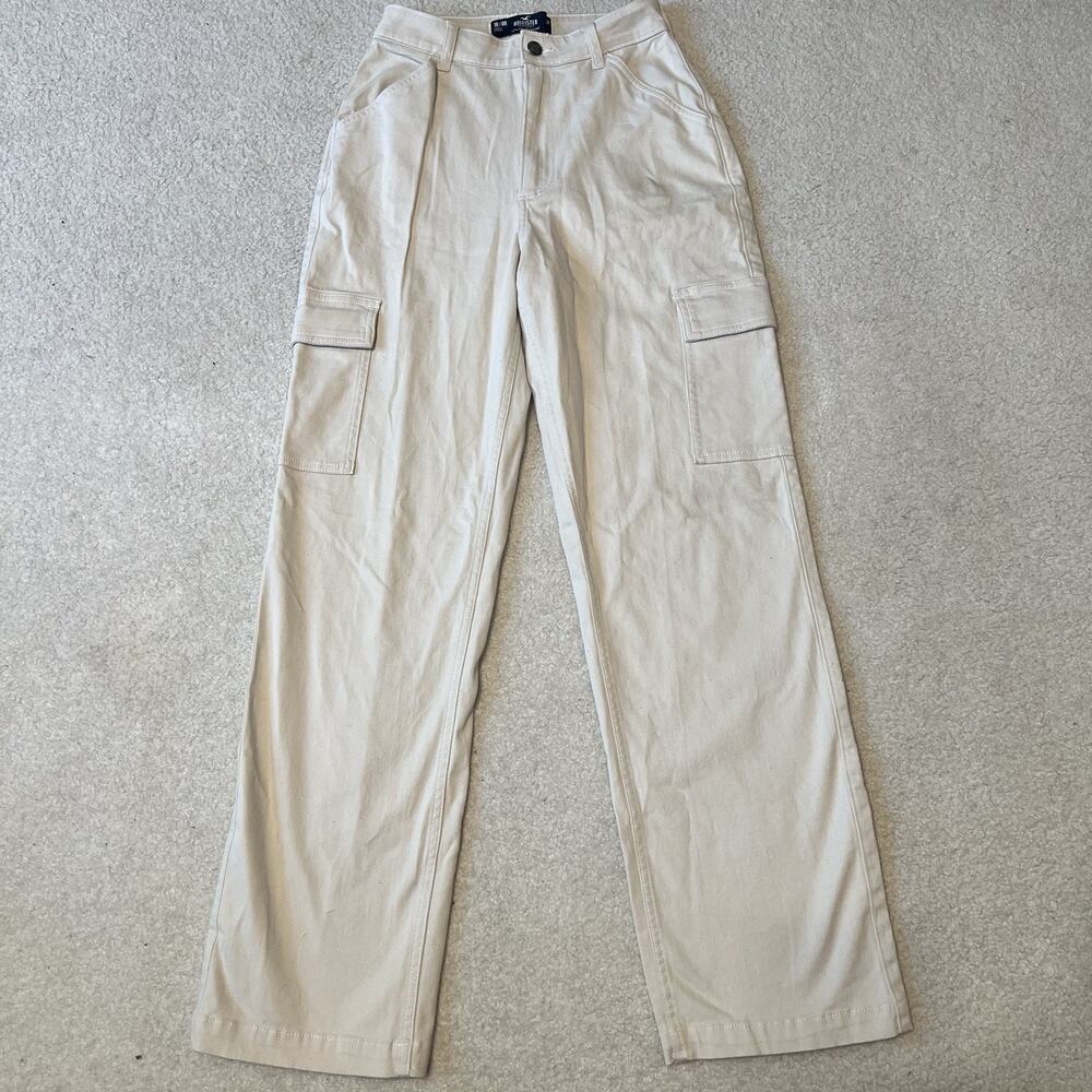 Hollister Ultra High Rise Dad Cargo Pants Womens W25 Beige Wide Leg Casual 25x30